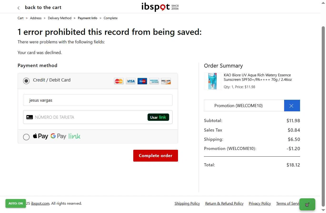 Ibspot checkout page showing Ibspot coupon code box | Screenshot taken by SimplyCodes community member on Dec 7, 2025