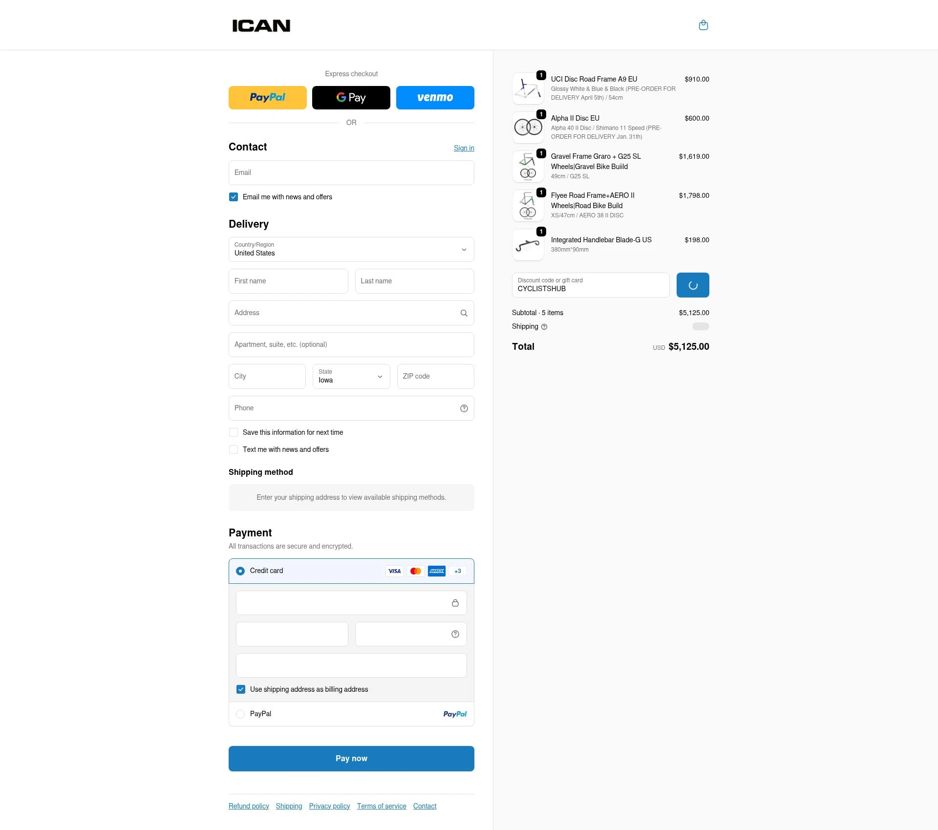 ICAN Cycling checkout page showing ICAN Cycling discount code box | Screenshot taken by SimplyCodes community member on Feb 10, 2026