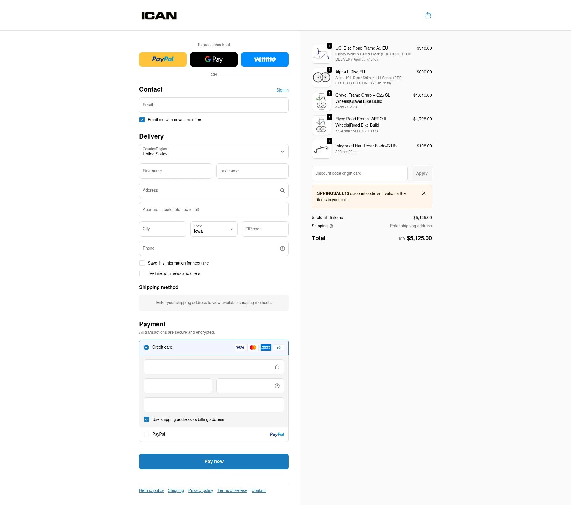 ICAN Cycling checkout page showing ICAN Cycling discount code box | Screenshot taken by SimplyCodes community member on Feb 10, 2026