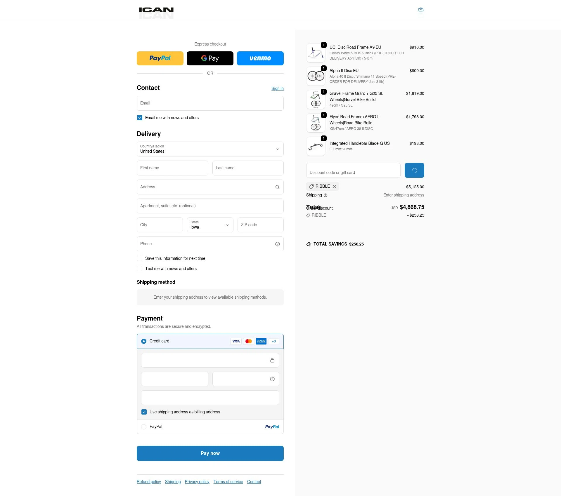 ICAN Cycling checkout page showing ICAN Cycling discount code box | Screenshot taken by SimplyCodes community member on Feb 10, 2026