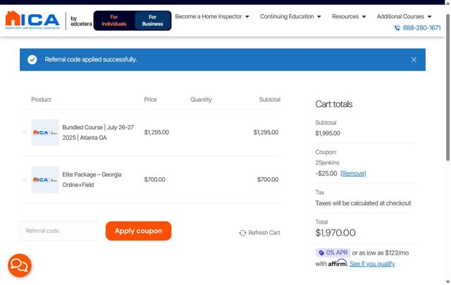 ICA School checkout page showing ICA School promo code box | Screenshot taken by SimplyCodes community member on Jun 29, 2025
