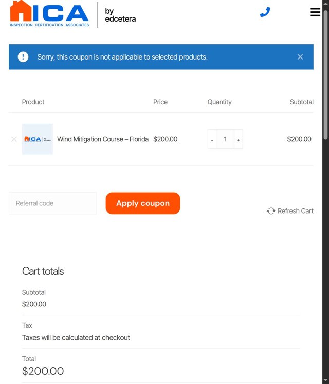 ICA School checkout page showing ICA School promo code box | Screenshot taken by SimplyCodes community member on May 2, 2025