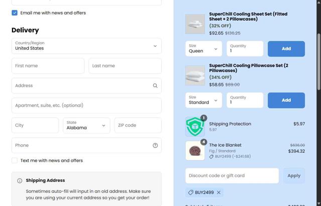 Ice Blankets checkout page showing Ice Blankets promo code box | Screenshot taken by SimplyCodes community member on Sep 12, 2025