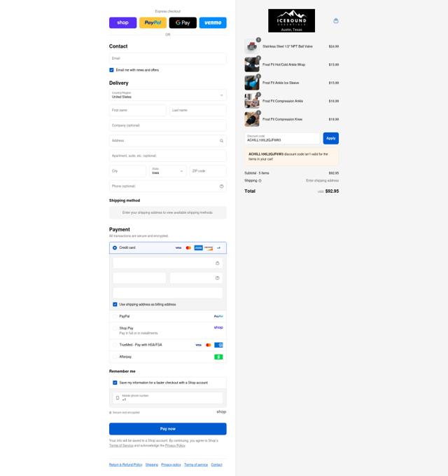 Icebound Essentials checkout page showing Icebound Essentials promo code box | Screenshot taken by SimplyCodes community member on Sep 3, 2025