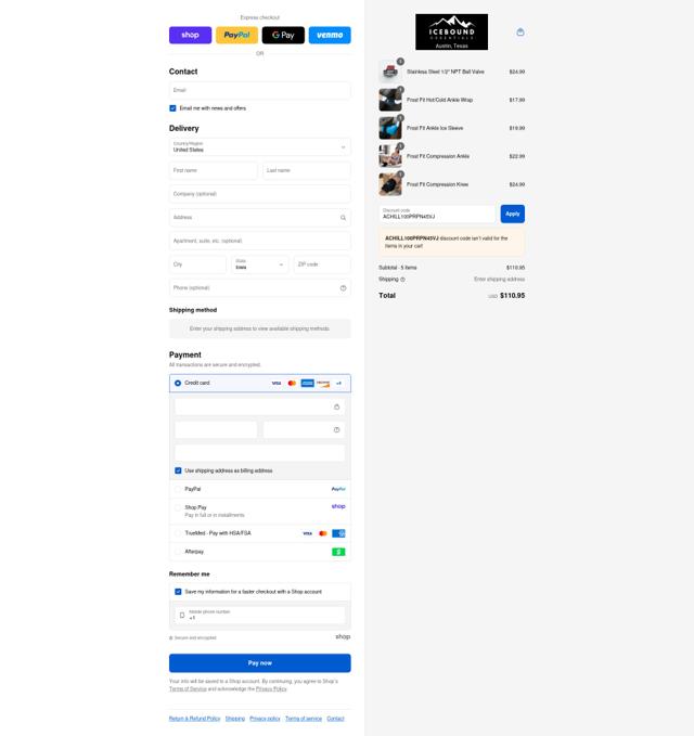 Icebound Essentials checkout page showing Icebound Essentials promo code box | Screenshot taken by SimplyCodes community member on Sep 7, 2025