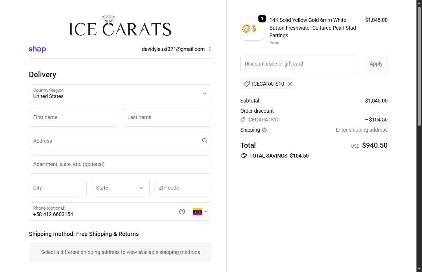 IceCarats checkout page showing IceCarats discount code box | Screenshot taken by SimplyCodes community member on Feb 20, 2026