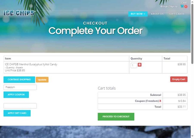 Ice Chips checkout page showing Ice Chips coupon code box | Screenshot taken by SimplyCodes community member on Jul 23, 2025
