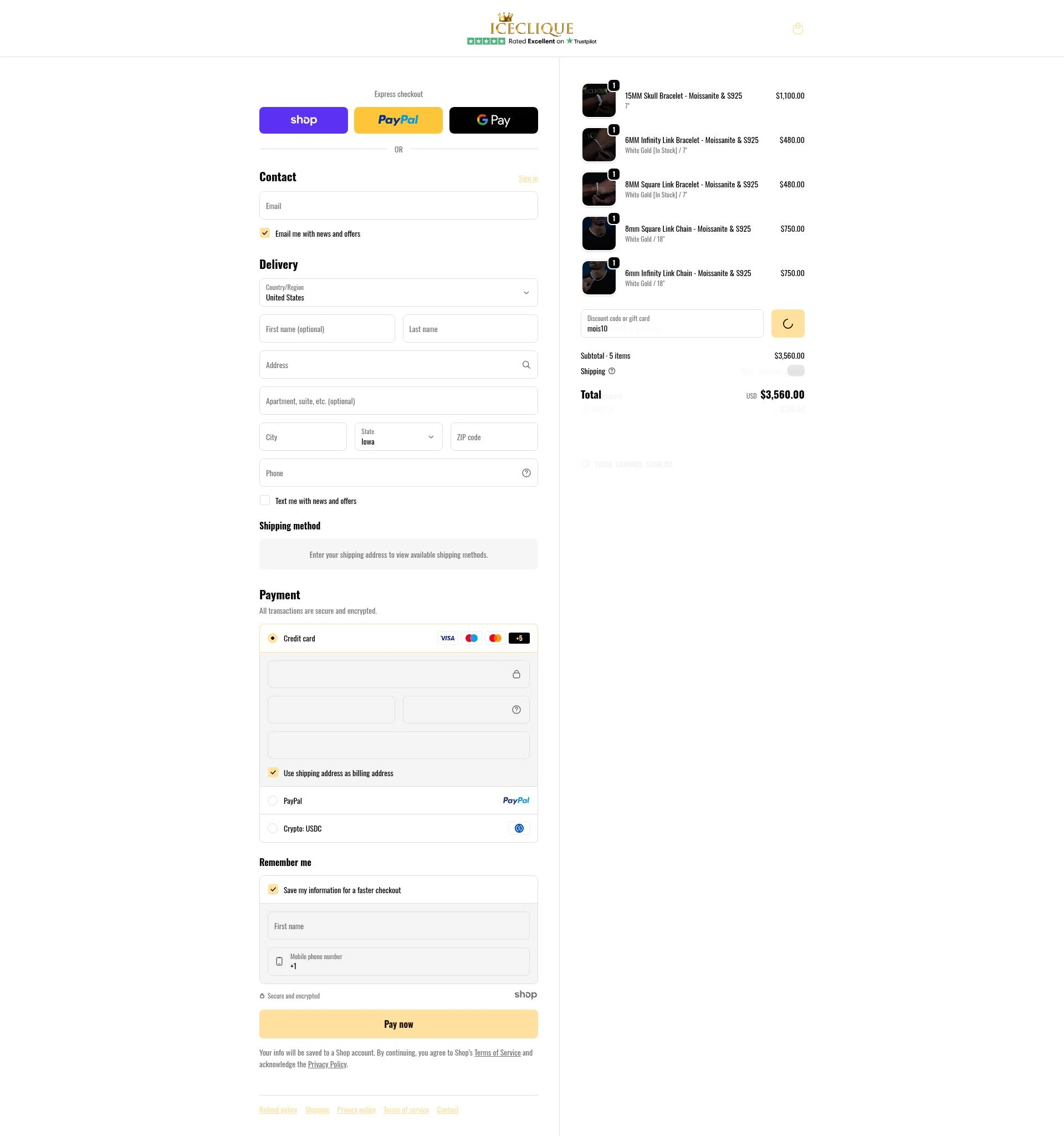 ICECLIQUE JEWELRY checkout page showing ICECLIQUE JEWELRY discount code box | Screenshot taken by SimplyCodes community member on Jan 1, 2026