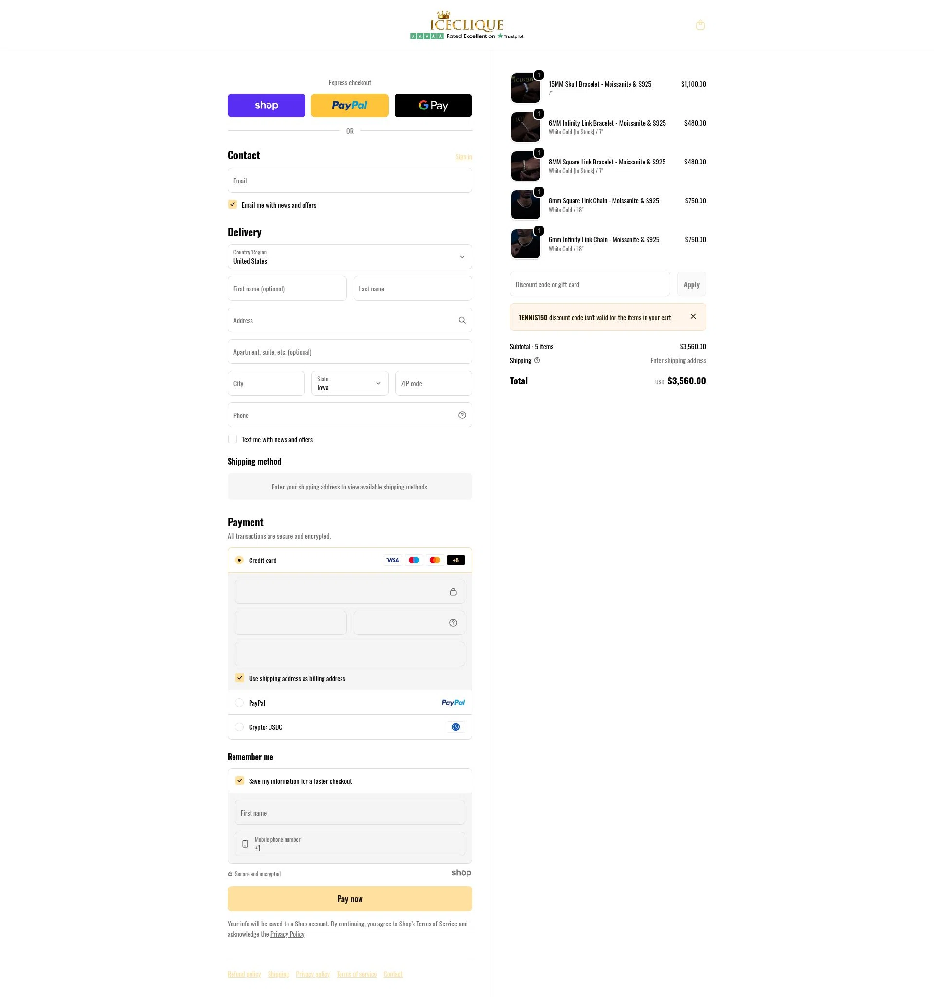 ICECLIQUE JEWELRY checkout page showing ICECLIQUE JEWELRY discount code box | Screenshot taken by SimplyCodes community member on Jan 1, 2026
