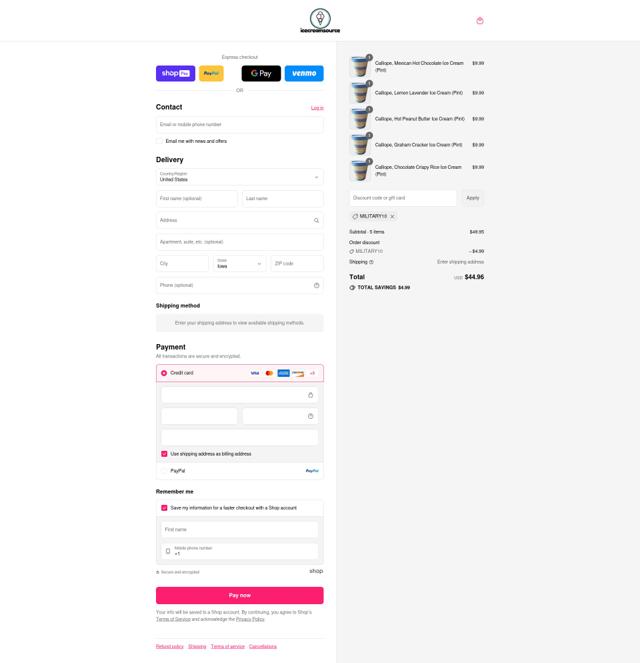 icecreamsource checkout page showing icecreamsource promo code box | Screenshot taken by SimplyCodes community member on Aug 18, 2025