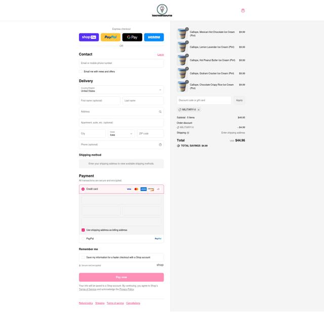 icecreamsource checkout page showing icecreamsource promo code box | Screenshot taken by SimplyCodes community member on Aug 23, 2025