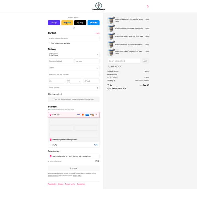 icecreamsource checkout page showing icecreamsource promo code box | Screenshot taken by SimplyCodes community member on Aug 13, 2025