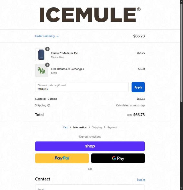 ICEMULE Coolers checkout page showing ICEMULE Coolers promo code box | Screenshot taken by SimplyCodes community member on Sep 3, 2025