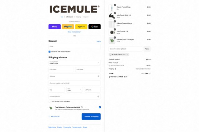 ICEMULE Coolers checkout page showing ICEMULE Coolers promo code box | Screenshot taken by SimplyCodes community member on Sep 3, 2025