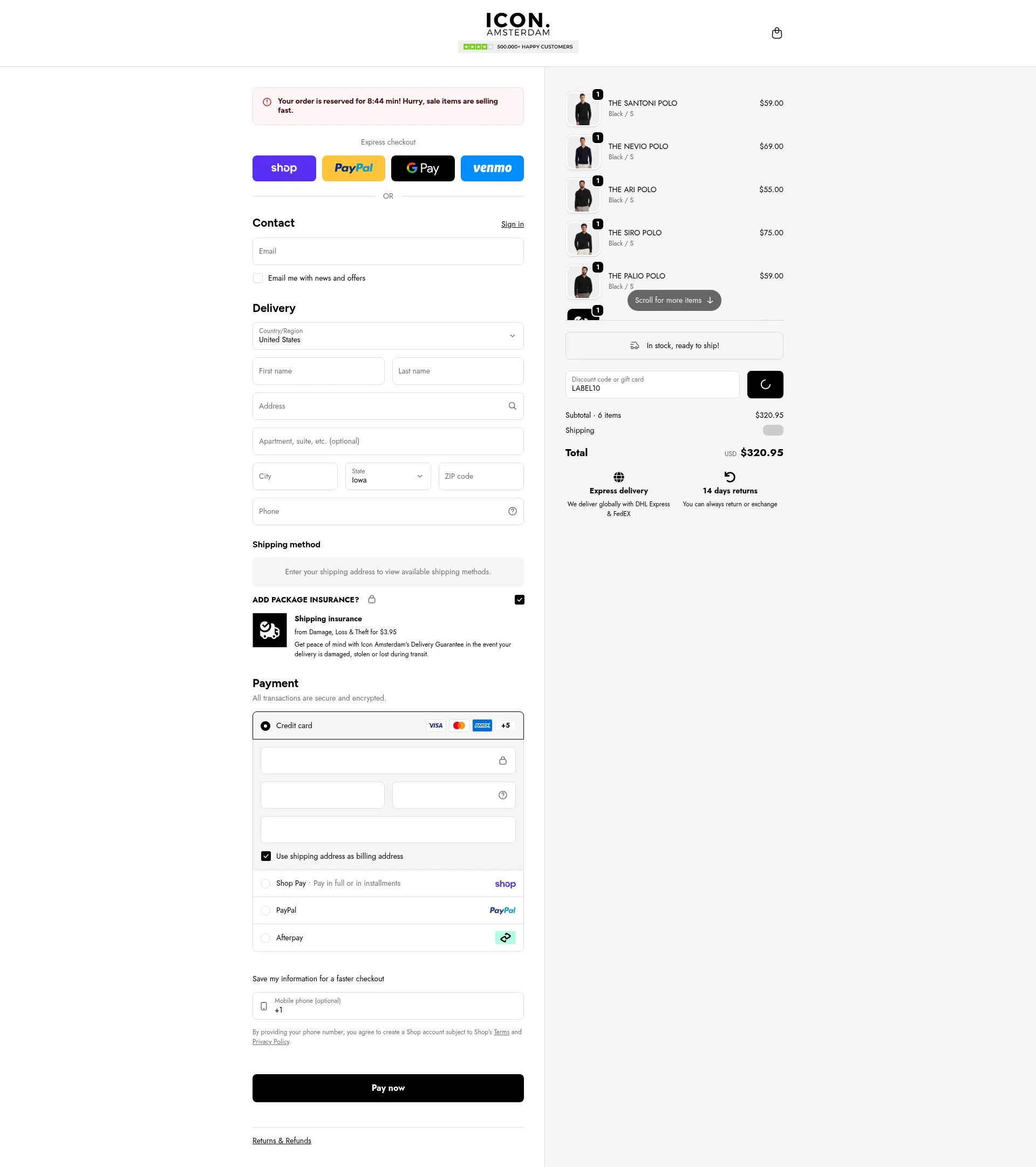 Icon. Amsterdam checkout page showing Icon. Amsterdam discount code box | Screenshot taken by SimplyCodes community member on Feb 17, 2026