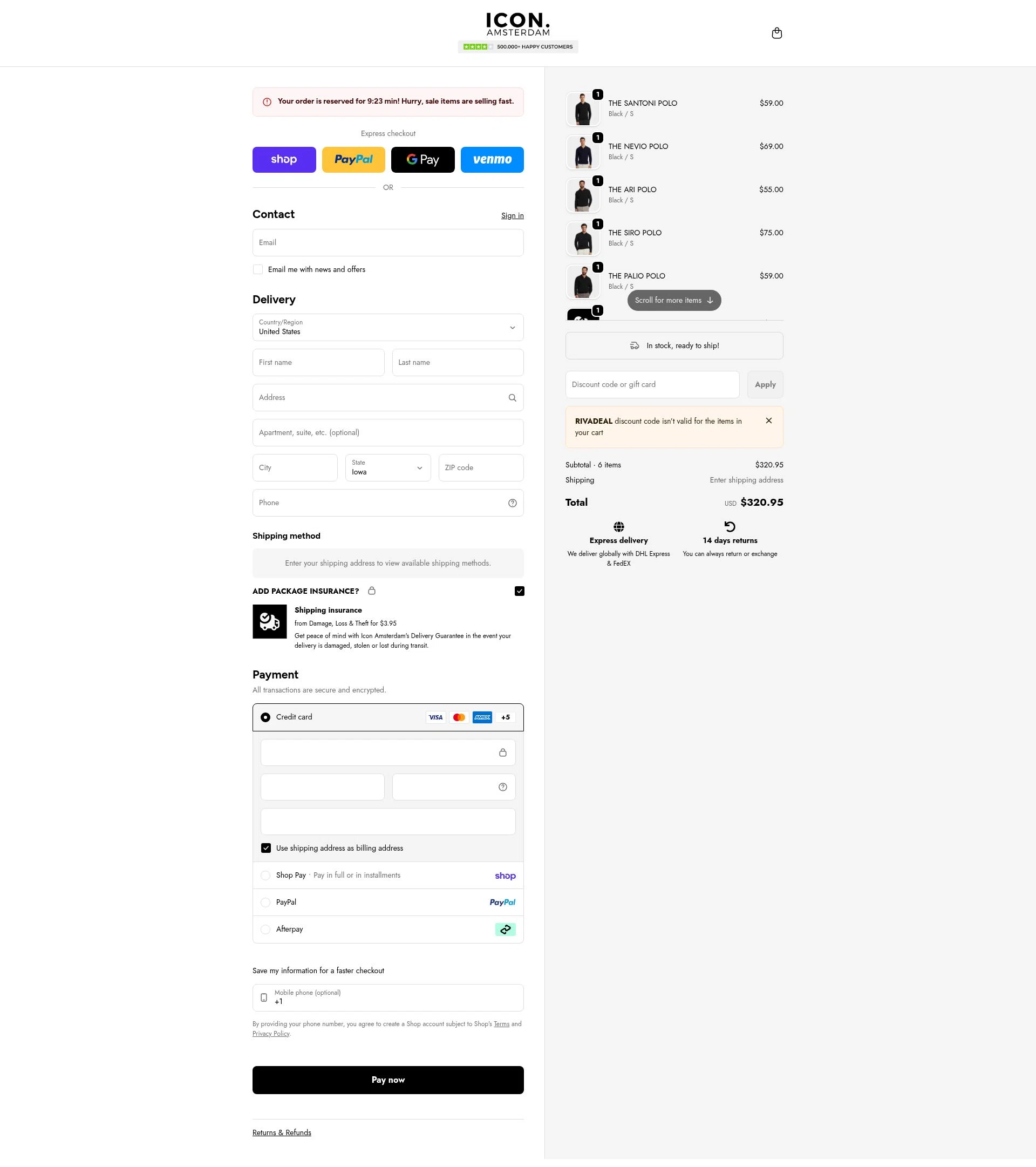 Icon. Amsterdam checkout page showing Icon. Amsterdam discount code box | Screenshot taken by SimplyCodes community member on Feb 17, 2026