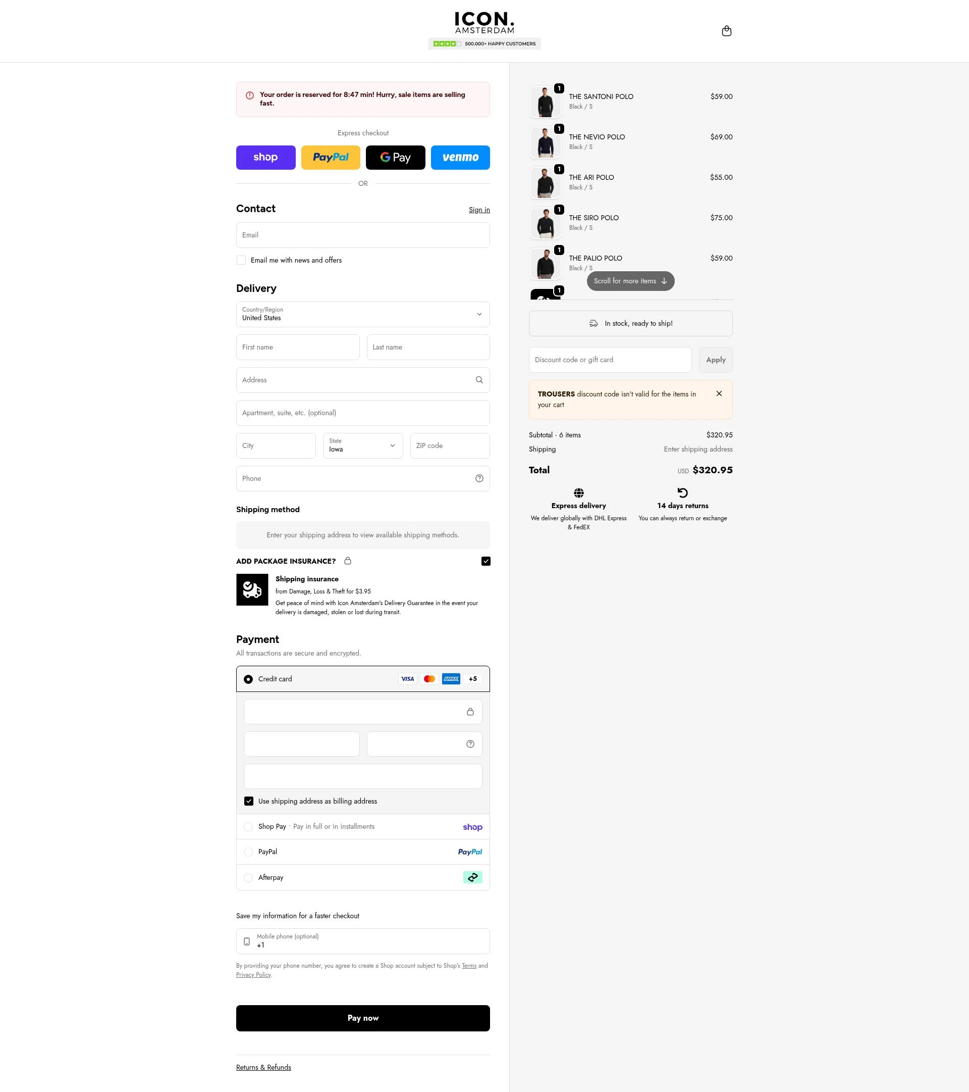 Icon. Amsterdam checkout page showing Icon. Amsterdam discount code box | Screenshot taken by SimplyCodes community member on Feb 17, 2026