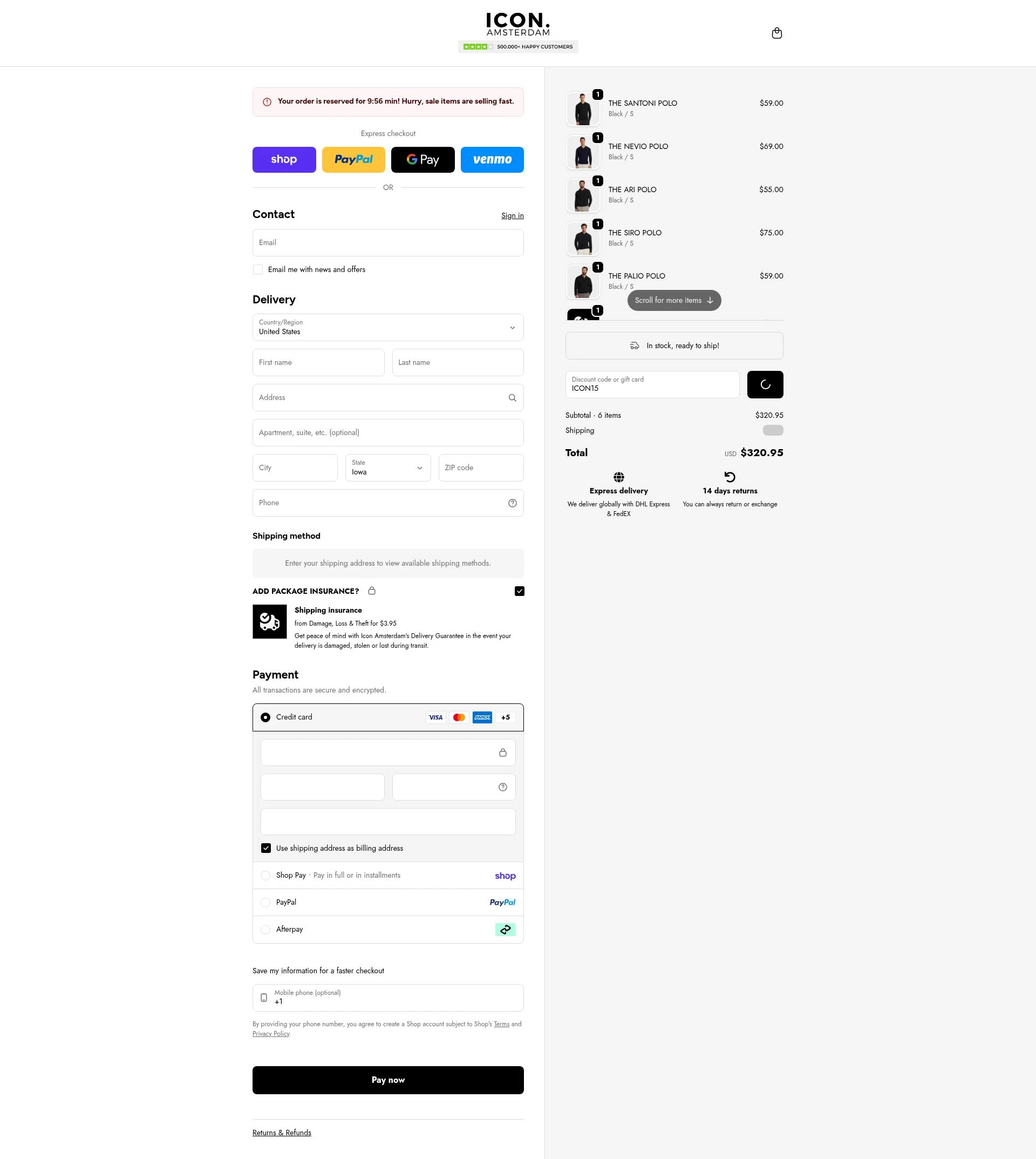 Icon. Amsterdam checkout page showing Icon. Amsterdam discount code box | Screenshot taken by SimplyCodes community member on Feb 17, 2026