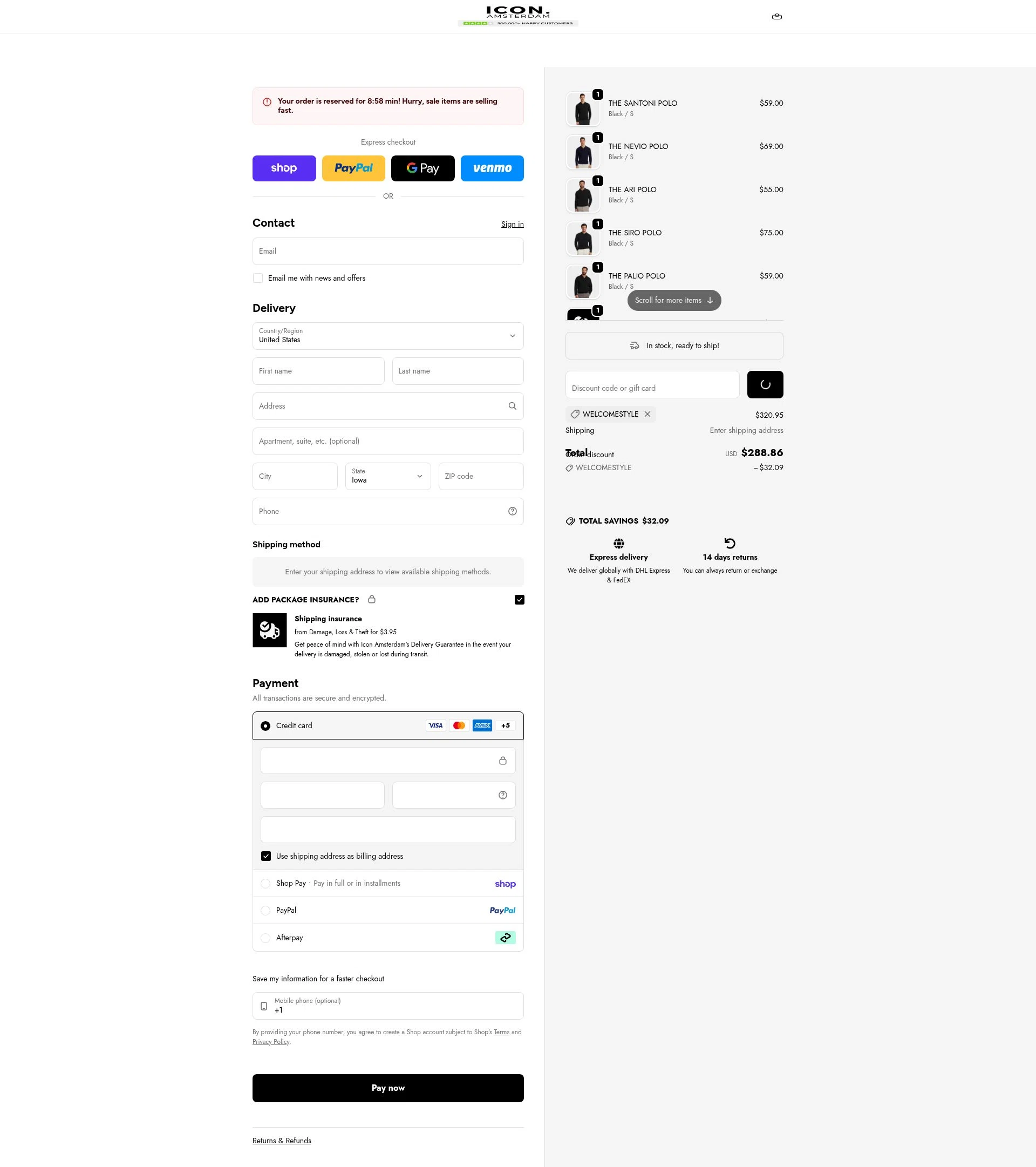 Icon. Amsterdam checkout page showing Icon. Amsterdam discount code box | Screenshot taken by SimplyCodes community member on Feb 17, 2026