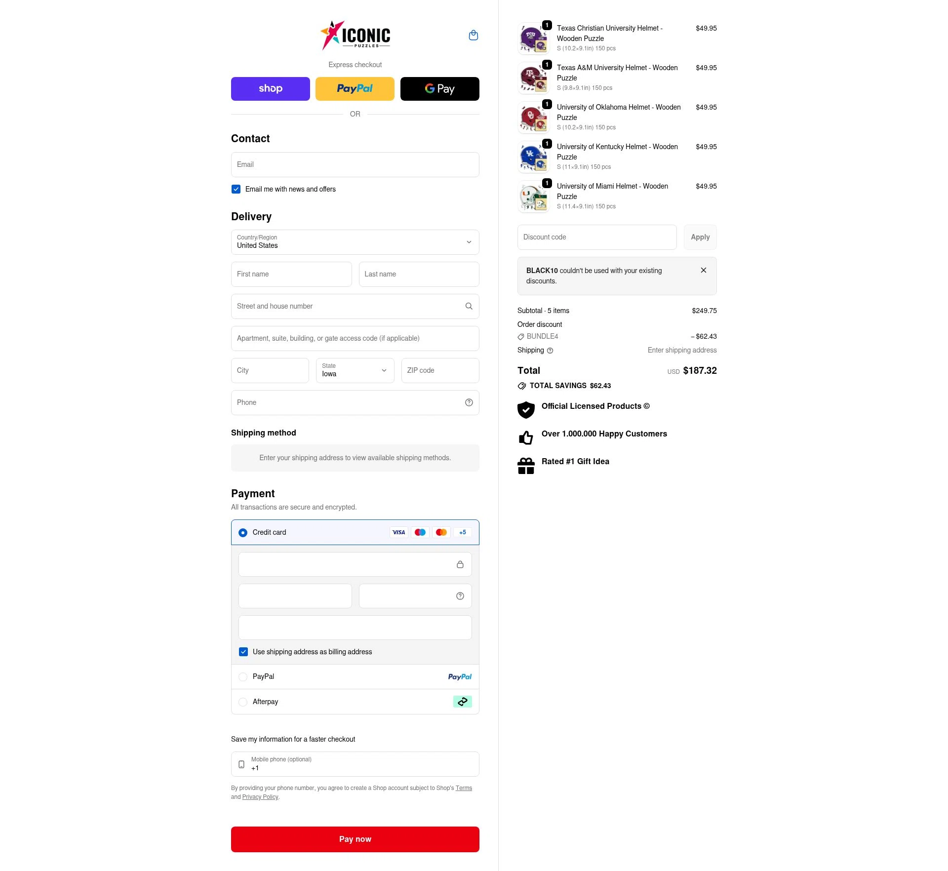 Iconic Puzzles checkout page showing Iconic Puzzles discount code box | Screenshot taken by SimplyCodes community member on Feb 7, 2026