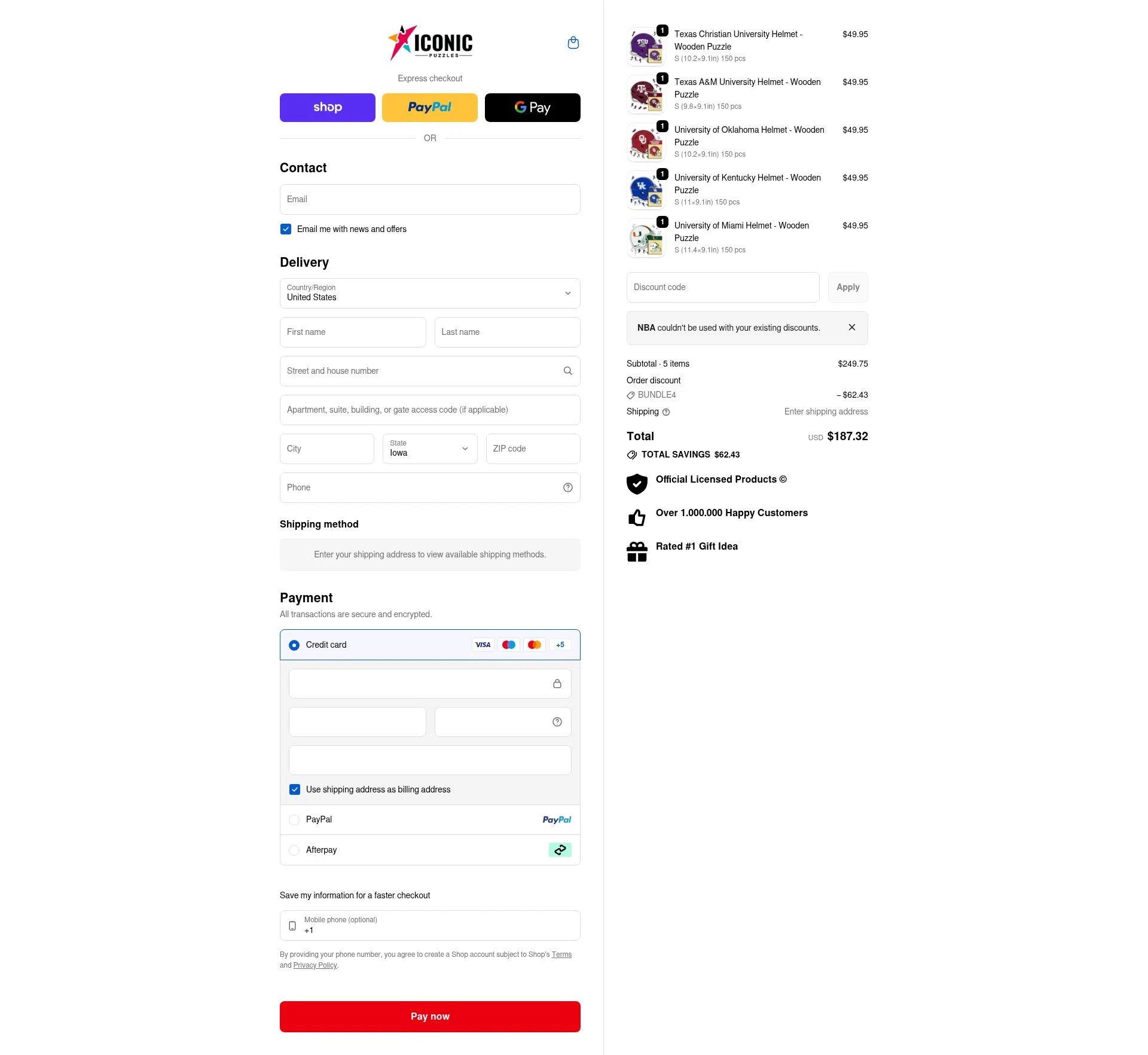 Iconic Puzzles checkout page showing Iconic Puzzles discount code box | Screenshot taken by SimplyCodes community member on Feb 7, 2026