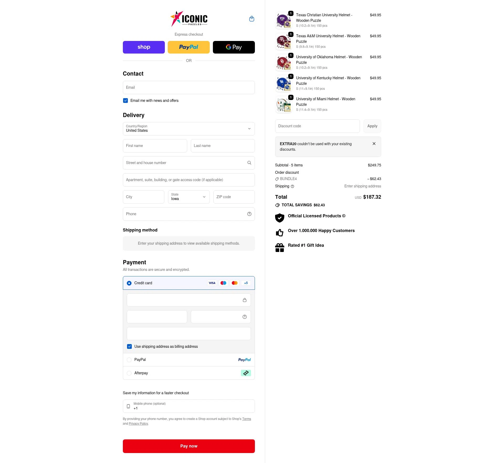 Iconic Puzzles checkout page showing Iconic Puzzles discount code box | Screenshot taken by SimplyCodes community member on Feb 7, 2026