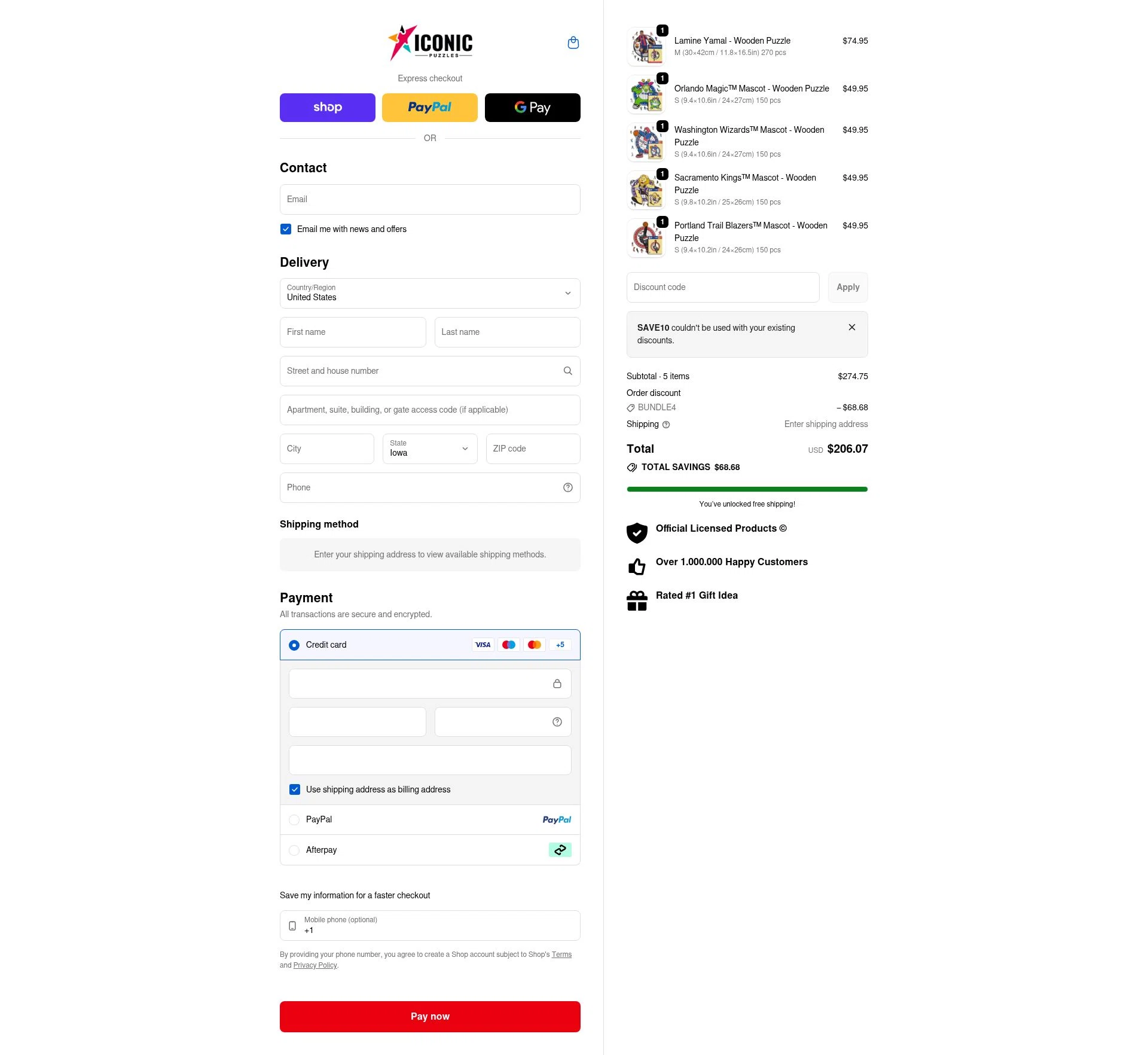 Iconic Puzzles checkout page showing Iconic Puzzles discount code box | Screenshot taken by SimplyCodes community member on Feb 3, 2026