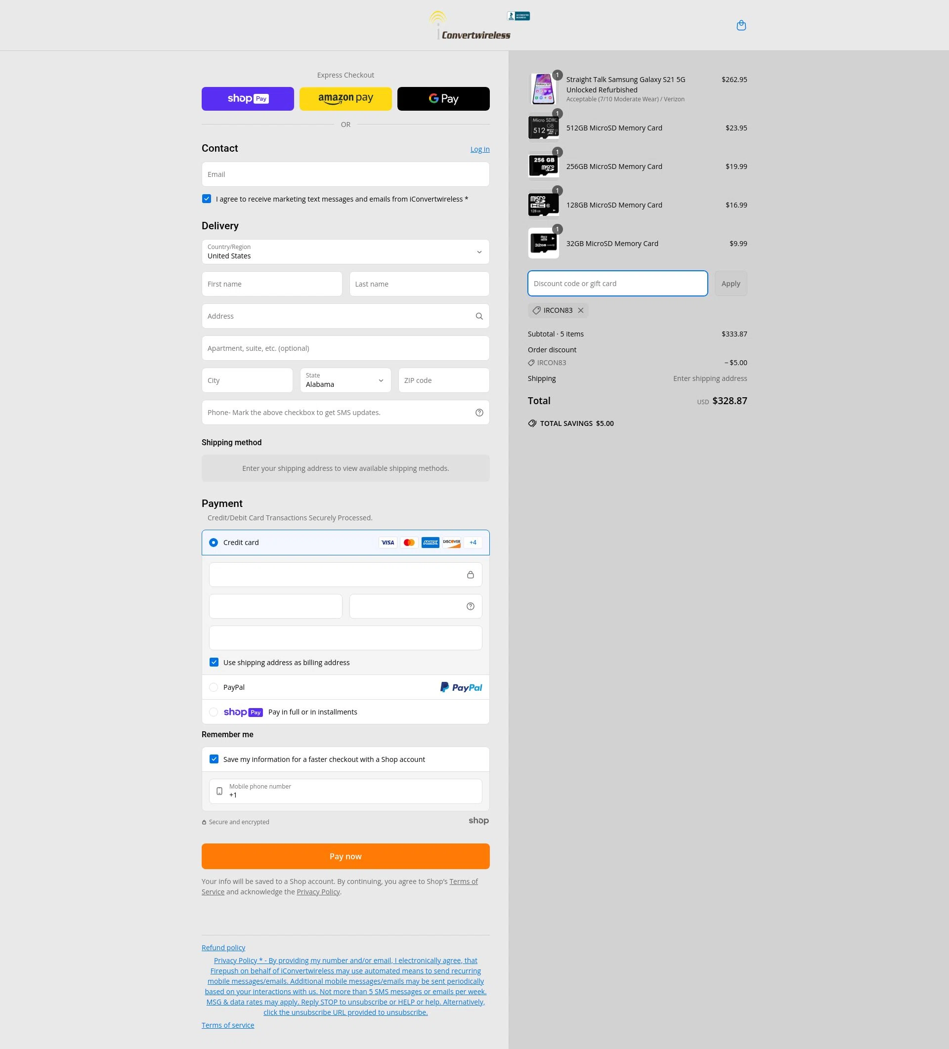 iConvertwireless checkout page showing iConvertwireless promo code box | Screenshot taken by SimplyCodes community member on May 14, 2025