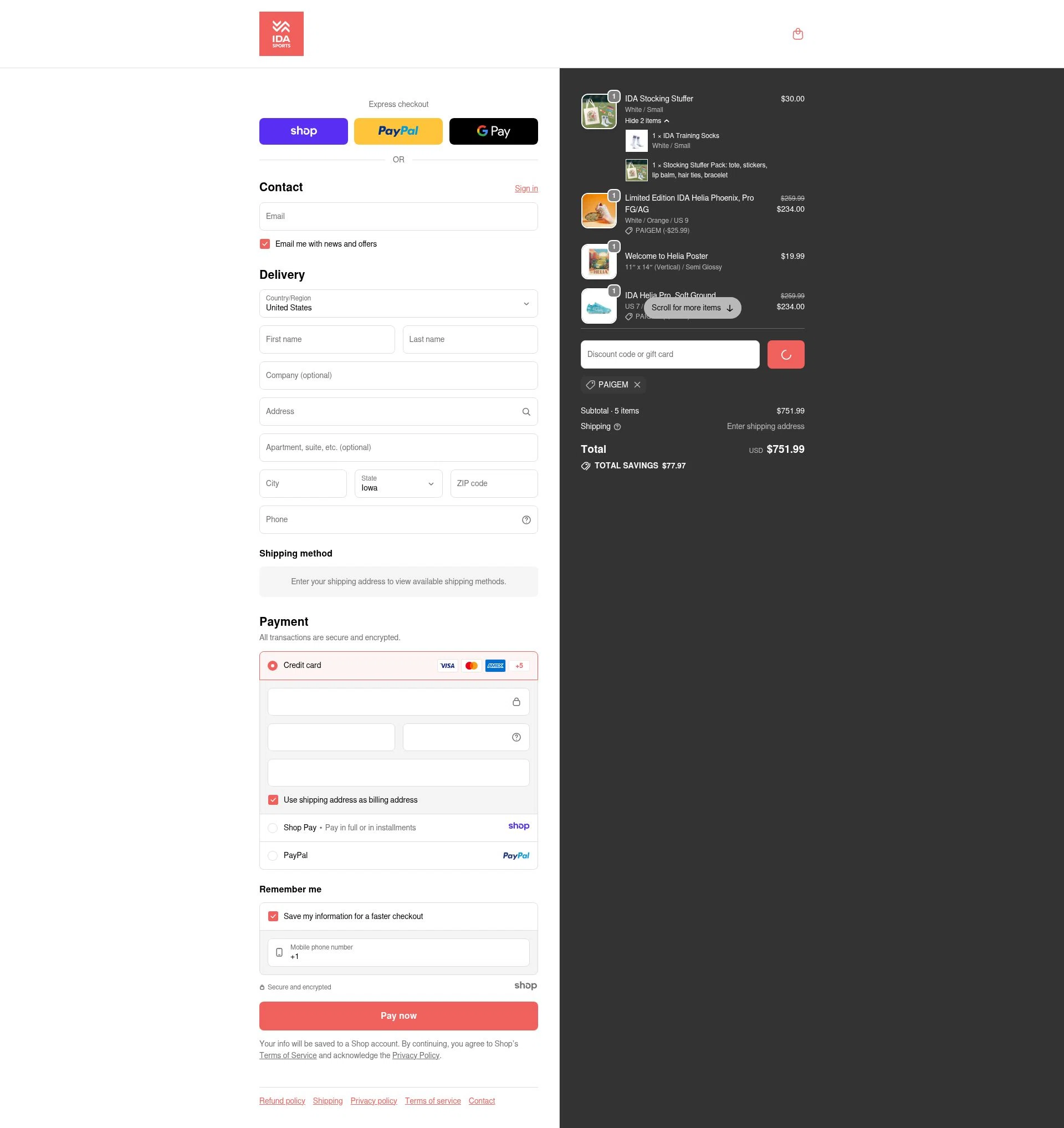 Ida Sports checkout page showing Ida Sports discount code box | Screenshot taken by SimplyCodes community member on Dec 23, 2025