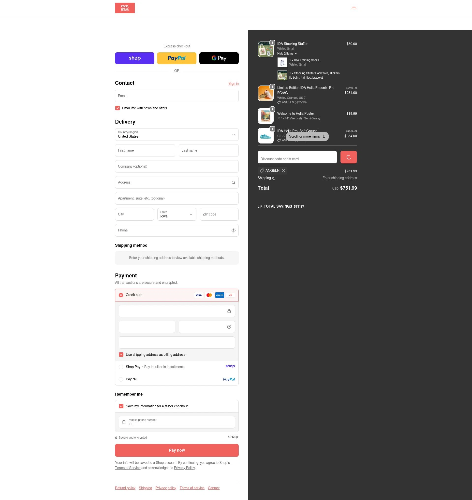 Ida Sports checkout page showing Ida Sports discount code box | Screenshot taken by SimplyCodes community member on Dec 23, 2025