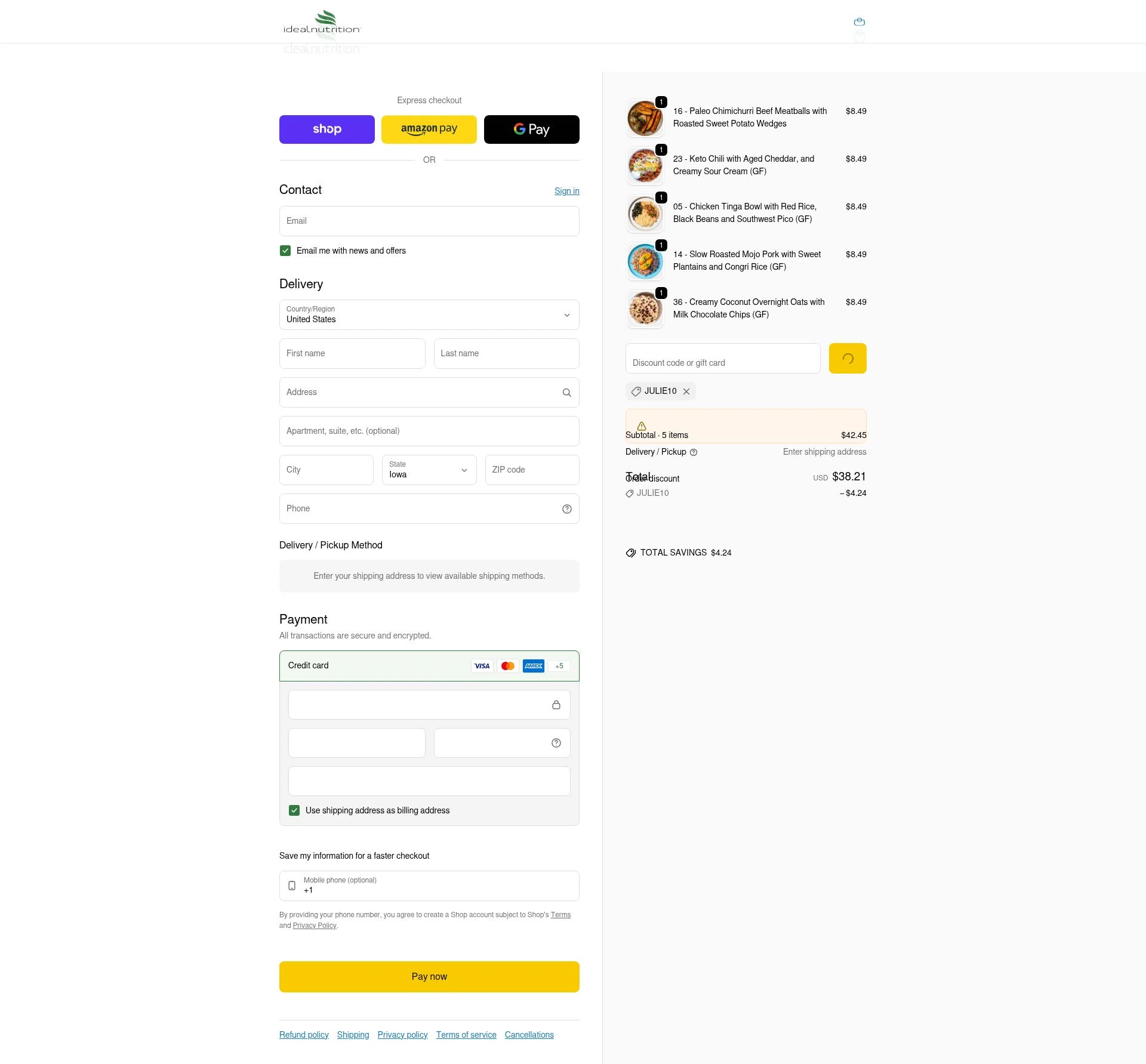 Ideal Nutrition checkout page showing Ideal Nutrition coupon code box | Screenshot taken by SimplyCodes community member on Feb 5, 2026