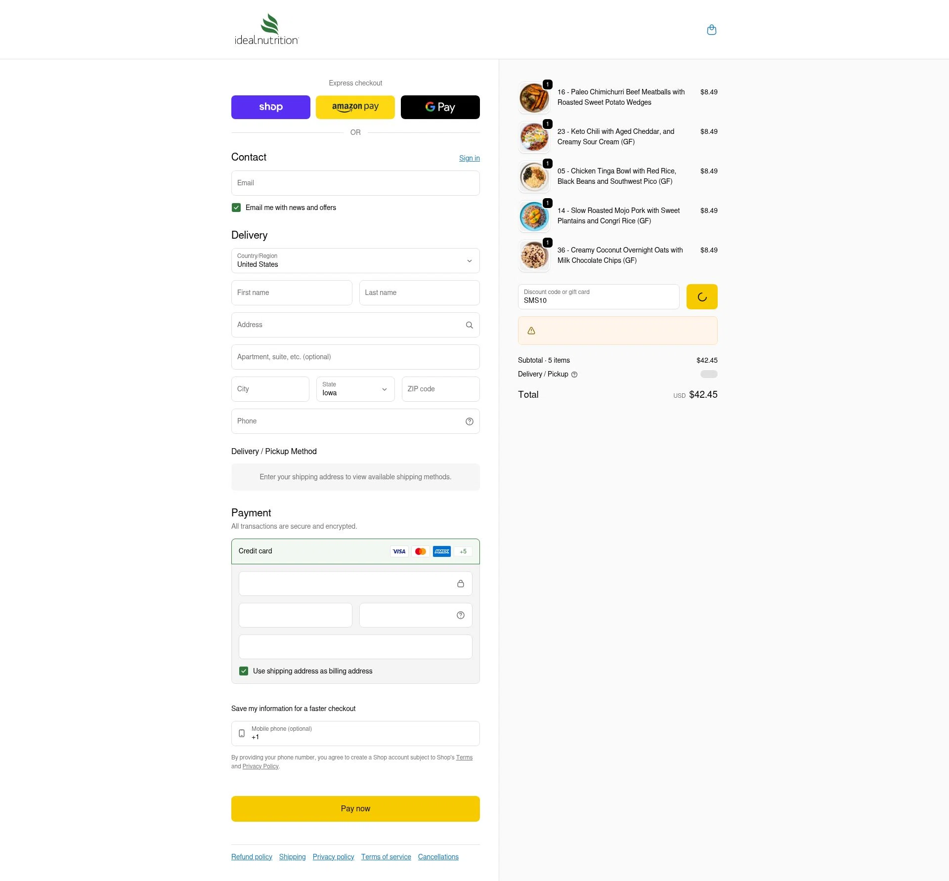 Ideal Nutrition checkout page showing Ideal Nutrition coupon code box | Screenshot taken by SimplyCodes community member on Feb 5, 2026