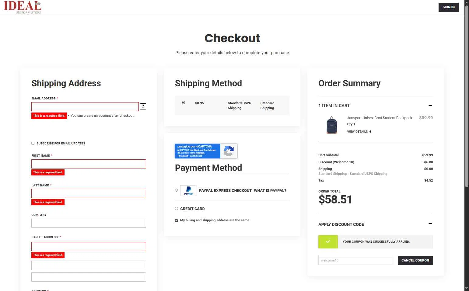 Ideal Uniform checkout page showing Ideal Uniform discount code box | Screenshot taken by SimplyCodes community member on Dec 24, 2025
