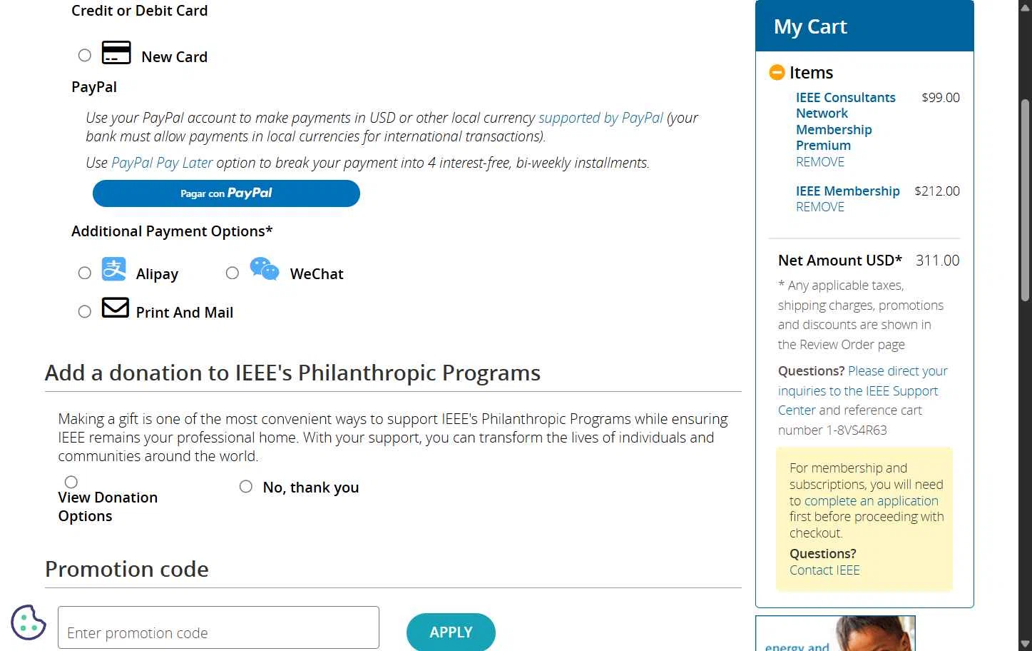 IEEE checkout page showing IEEE coupon code box | Screenshot taken by SimplyCodes community member on Feb 8, 2026
