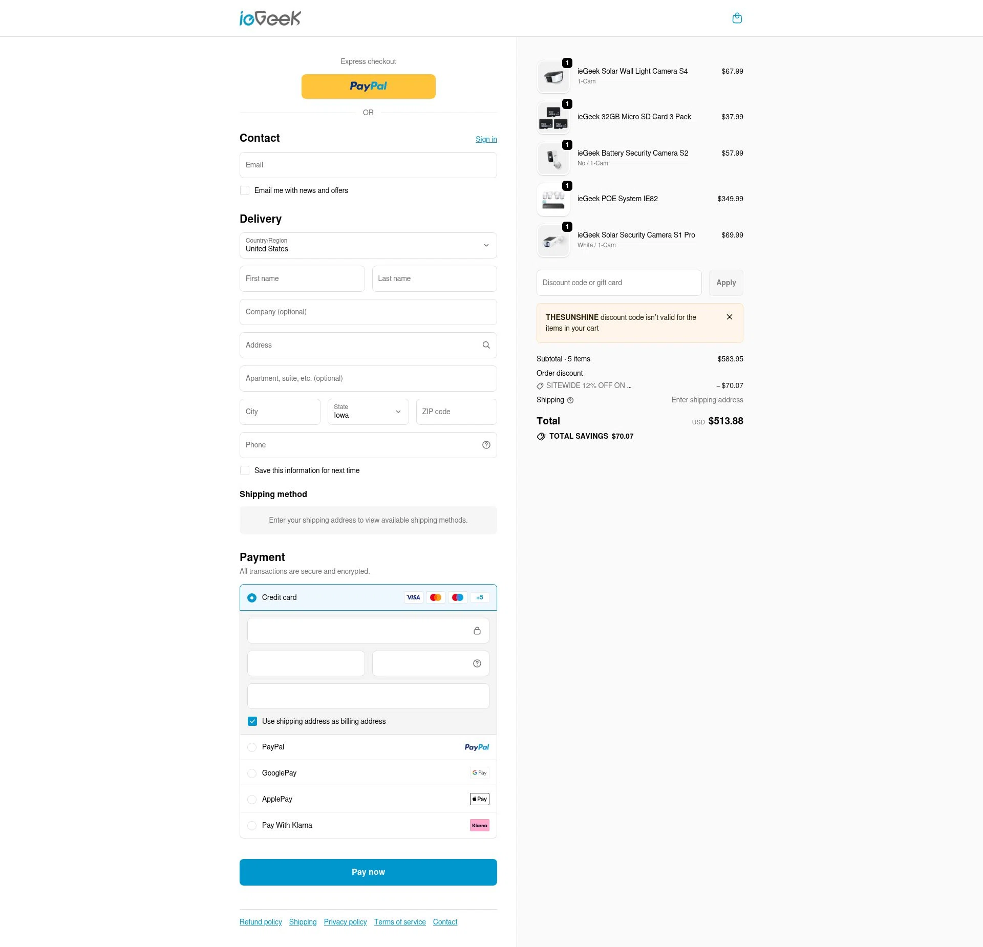 ieGeek checkout page showing ieGeek discount code box | Screenshot taken by SimplyCodes community member on Jan 31, 2026