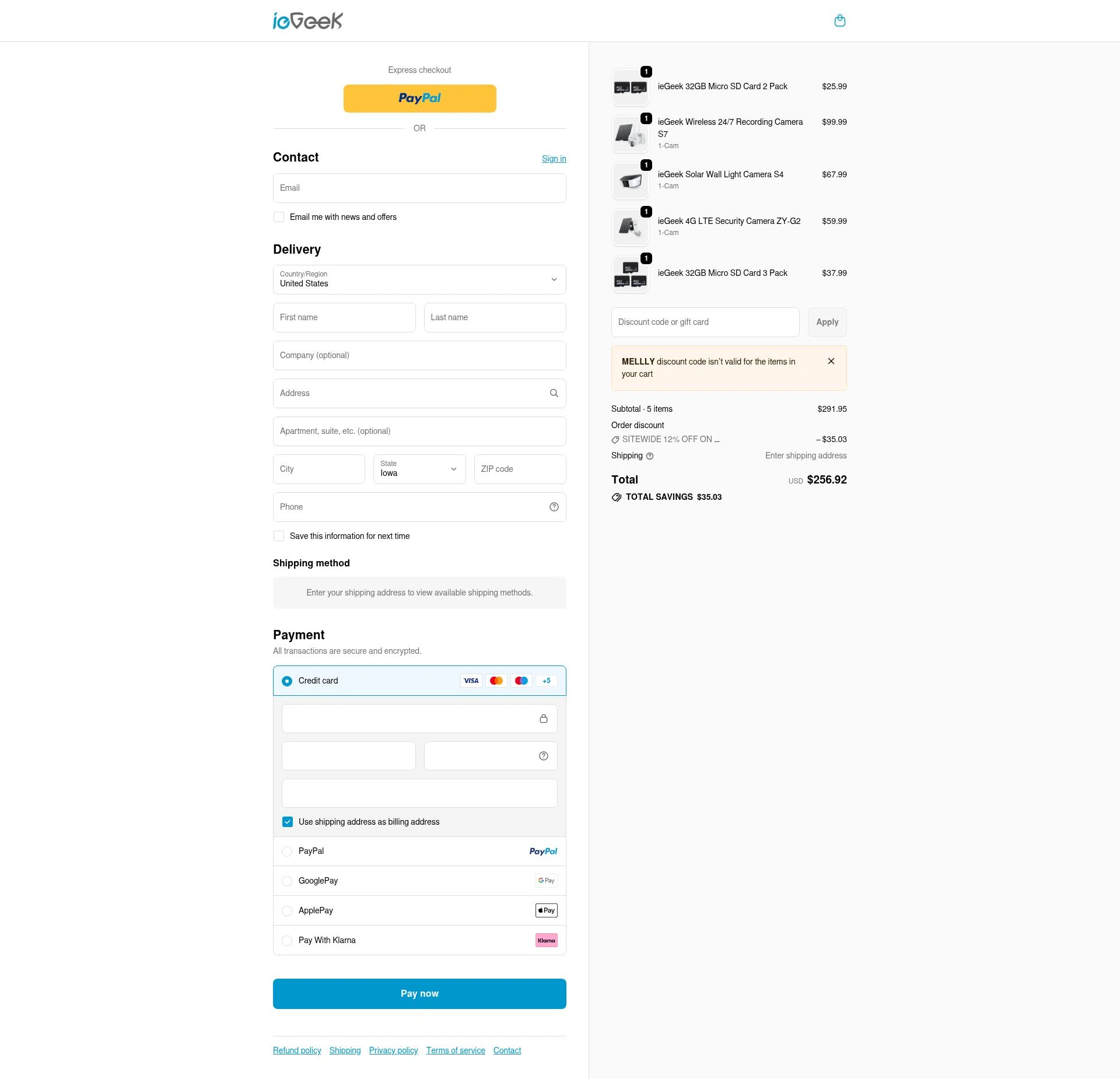 ieGeek checkout page showing ieGeek discount code box | Screenshot taken by SimplyCodes community member on Feb 4, 2026