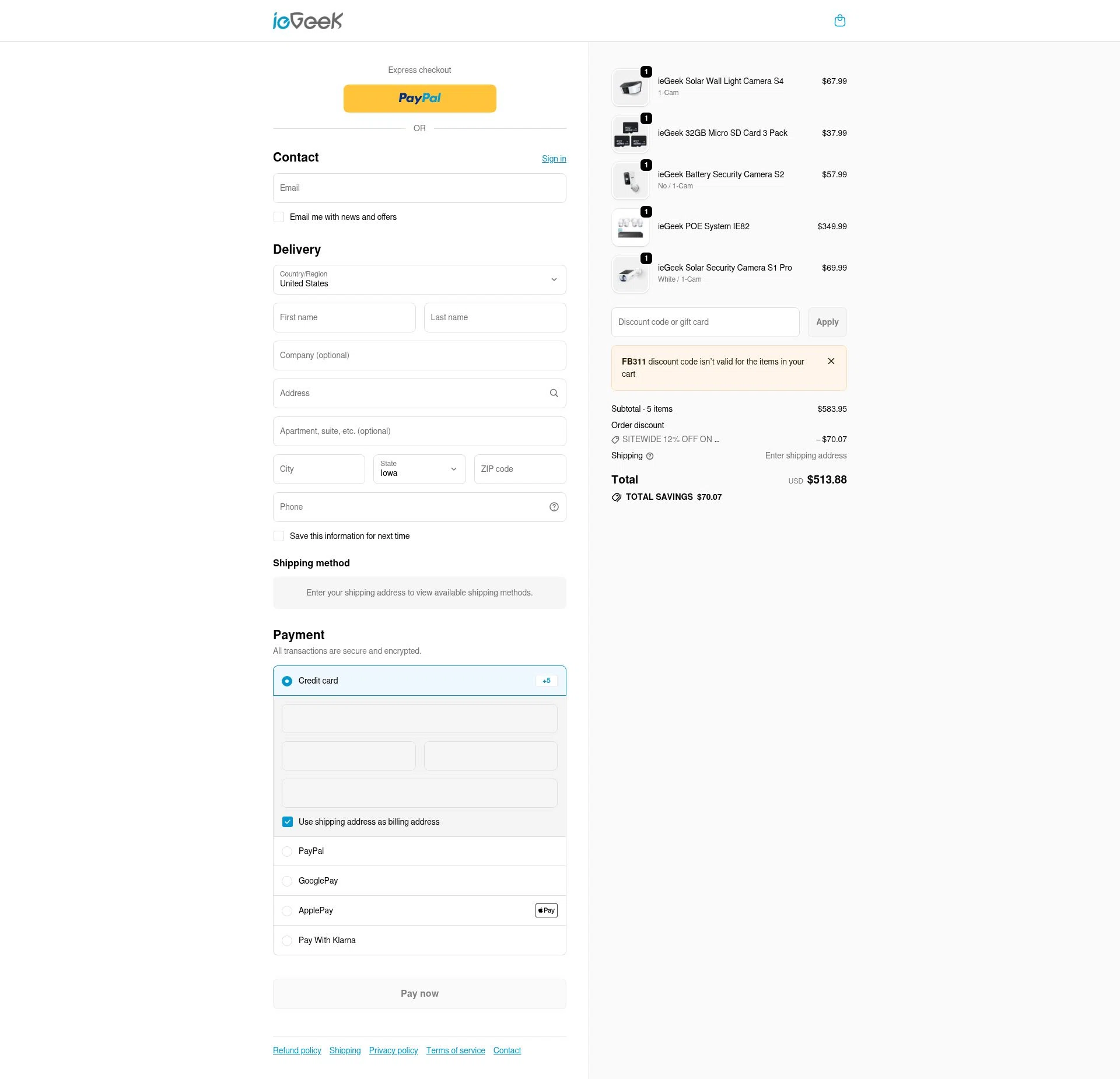 ieGeek checkout page showing ieGeek discount code box | Screenshot taken by SimplyCodes community member on Jan 31, 2026