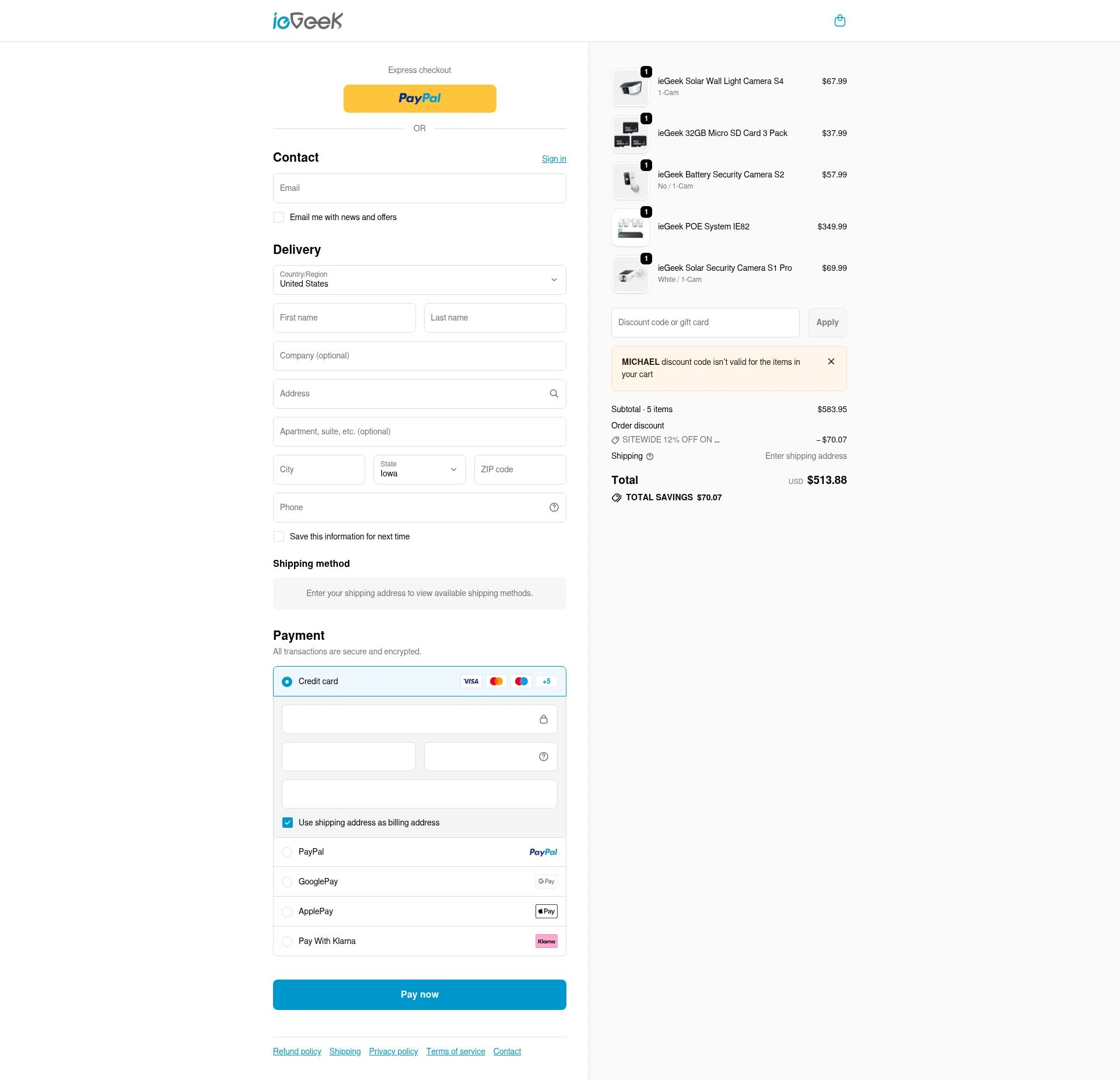 ieGeek checkout page showing ieGeek discount code box | Screenshot taken by SimplyCodes community member on Jan 31, 2026