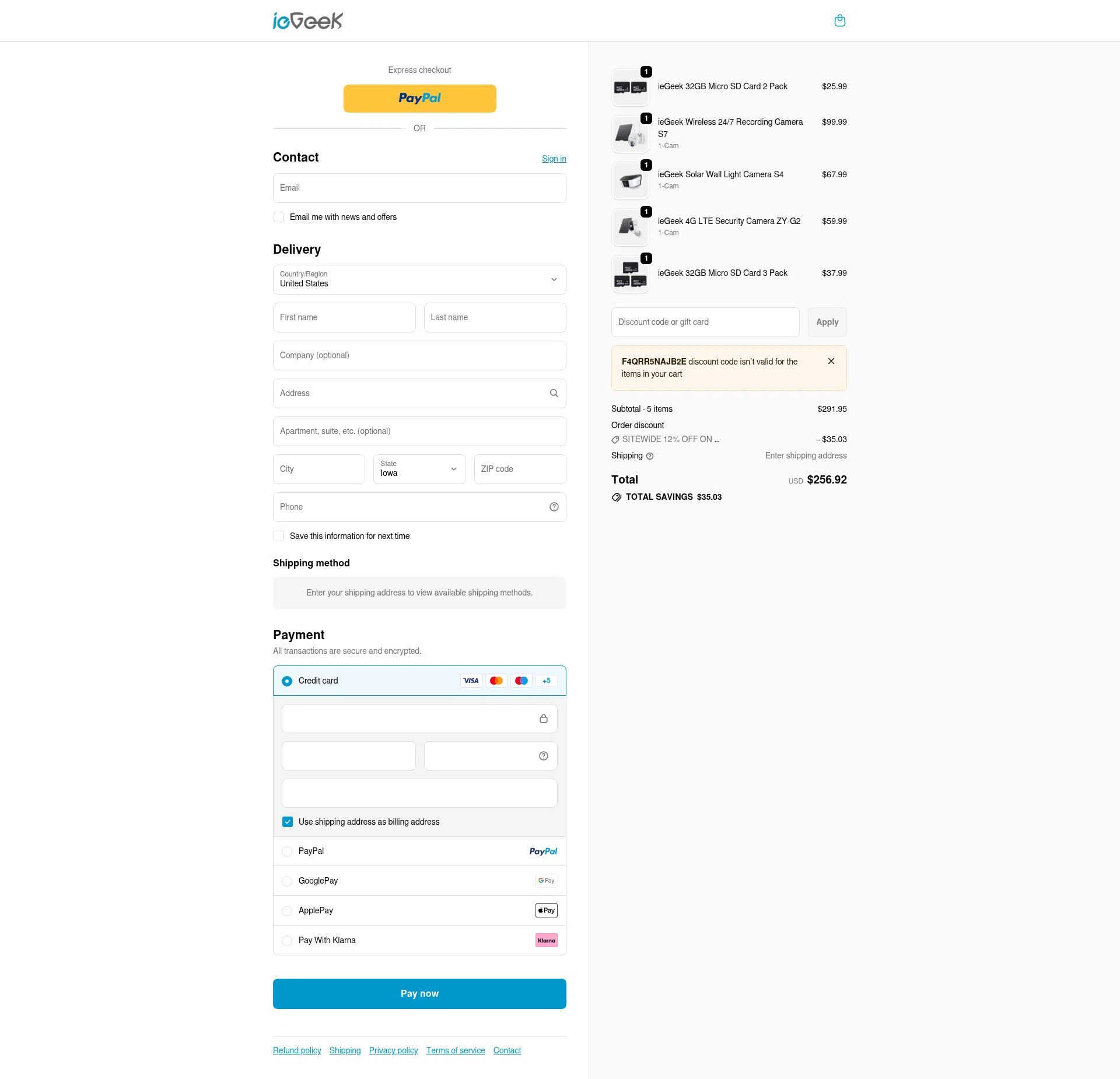 ieGeek checkout page showing ieGeek discount code box | Screenshot taken by SimplyCodes community member on Feb 4, 2026