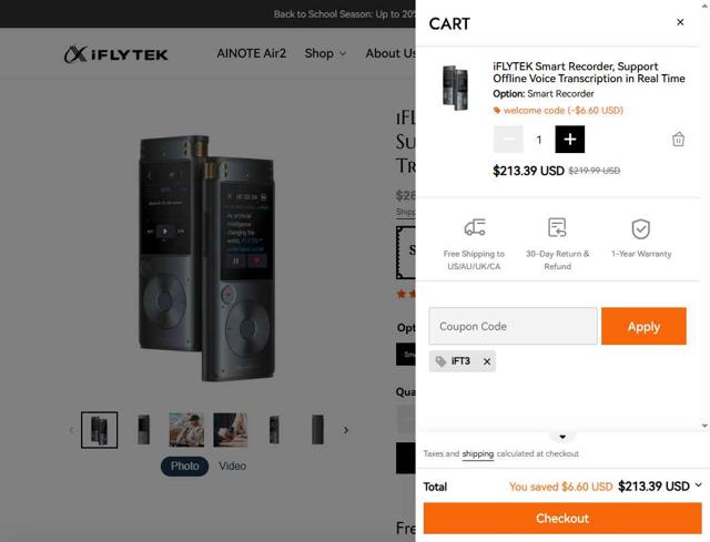 iFLYTEK checkout page showing iFLYTEK coupon code box | Screenshot taken by SimplyCodes community member on Aug 16, 2025