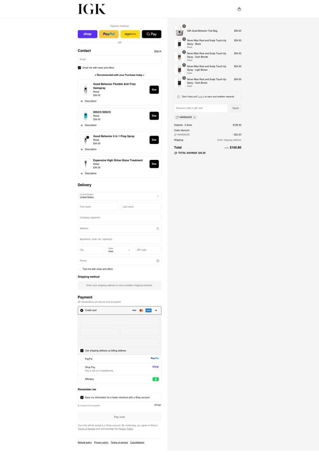 IGK Hair checkout page showing IGK Hair promo code box | Screenshot taken by SimplyCodes community member on Sep 10, 2025