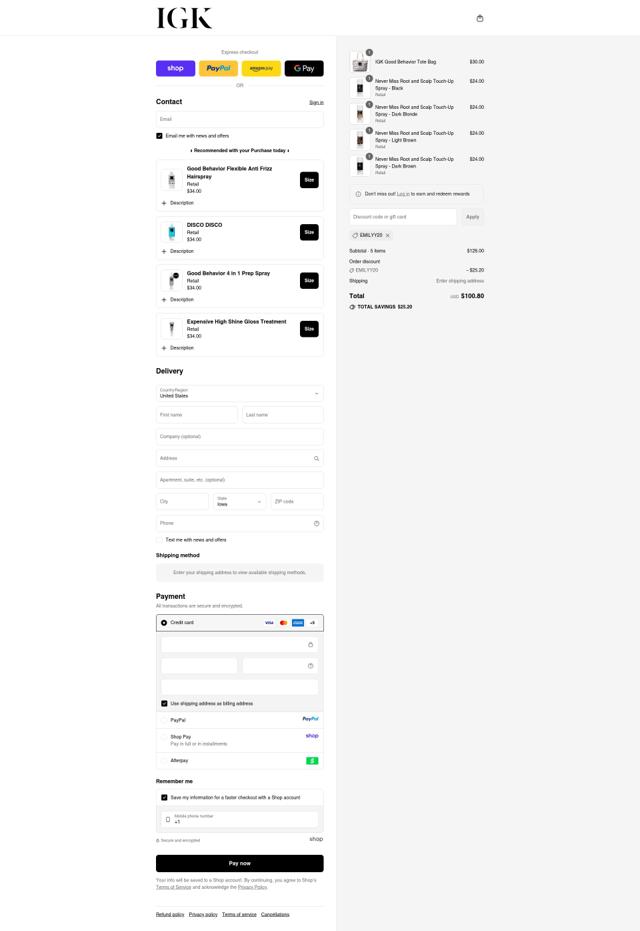IGK Hair checkout page showing IGK Hair promo code box | Screenshot taken by SimplyCodes community member on Sep 10, 2025