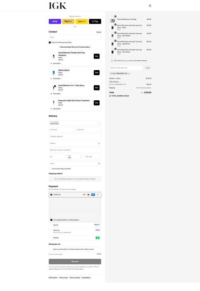 IGK Hair checkout page showing IGK Hair promo code box | Screenshot taken by SimplyCodes community member on Sep 10, 2025