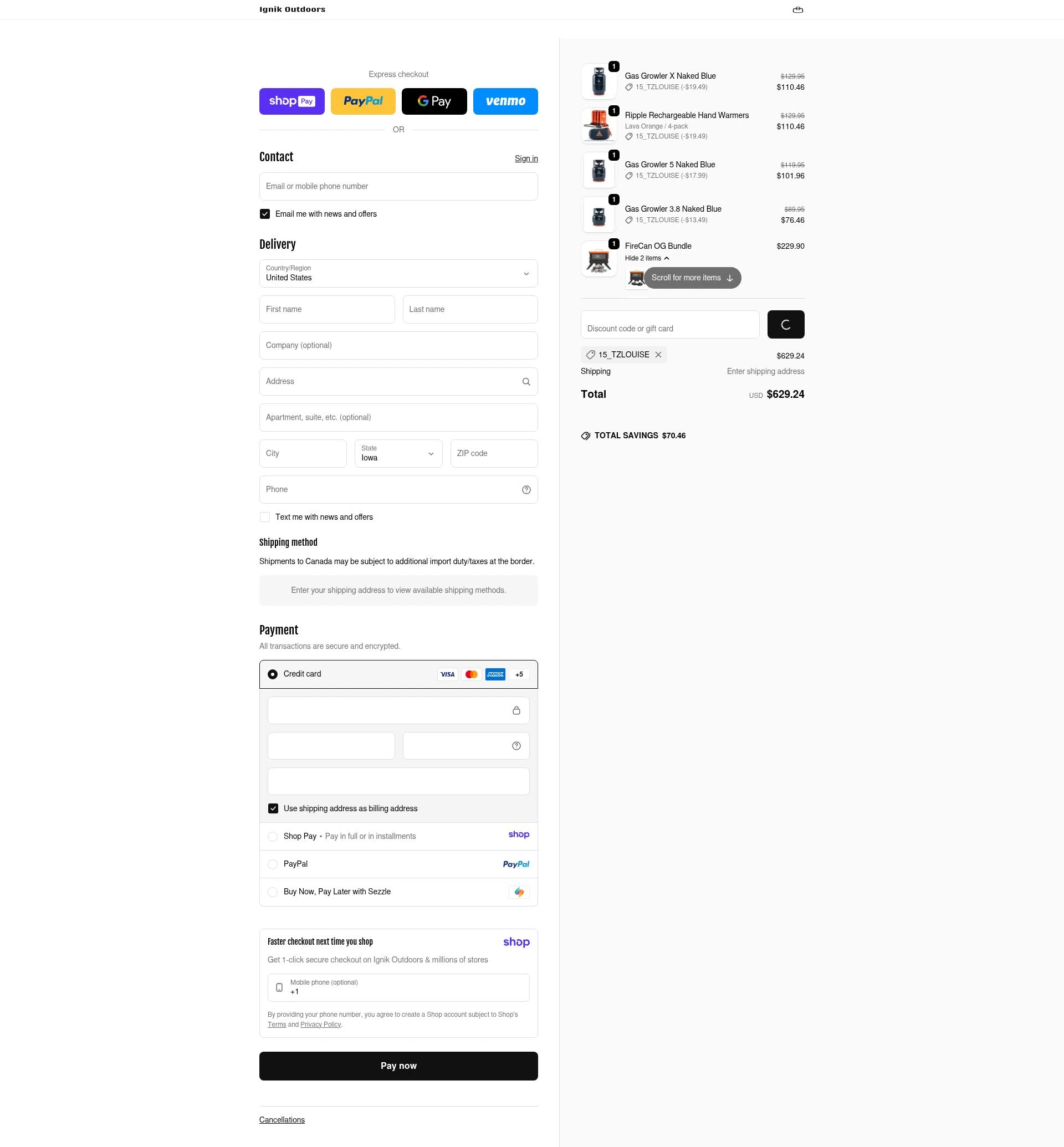 Ignik Outdoors checkout page showing Ignik Outdoors promo code box | Screenshot taken by SimplyCodes community member on Jan 9, 2026
