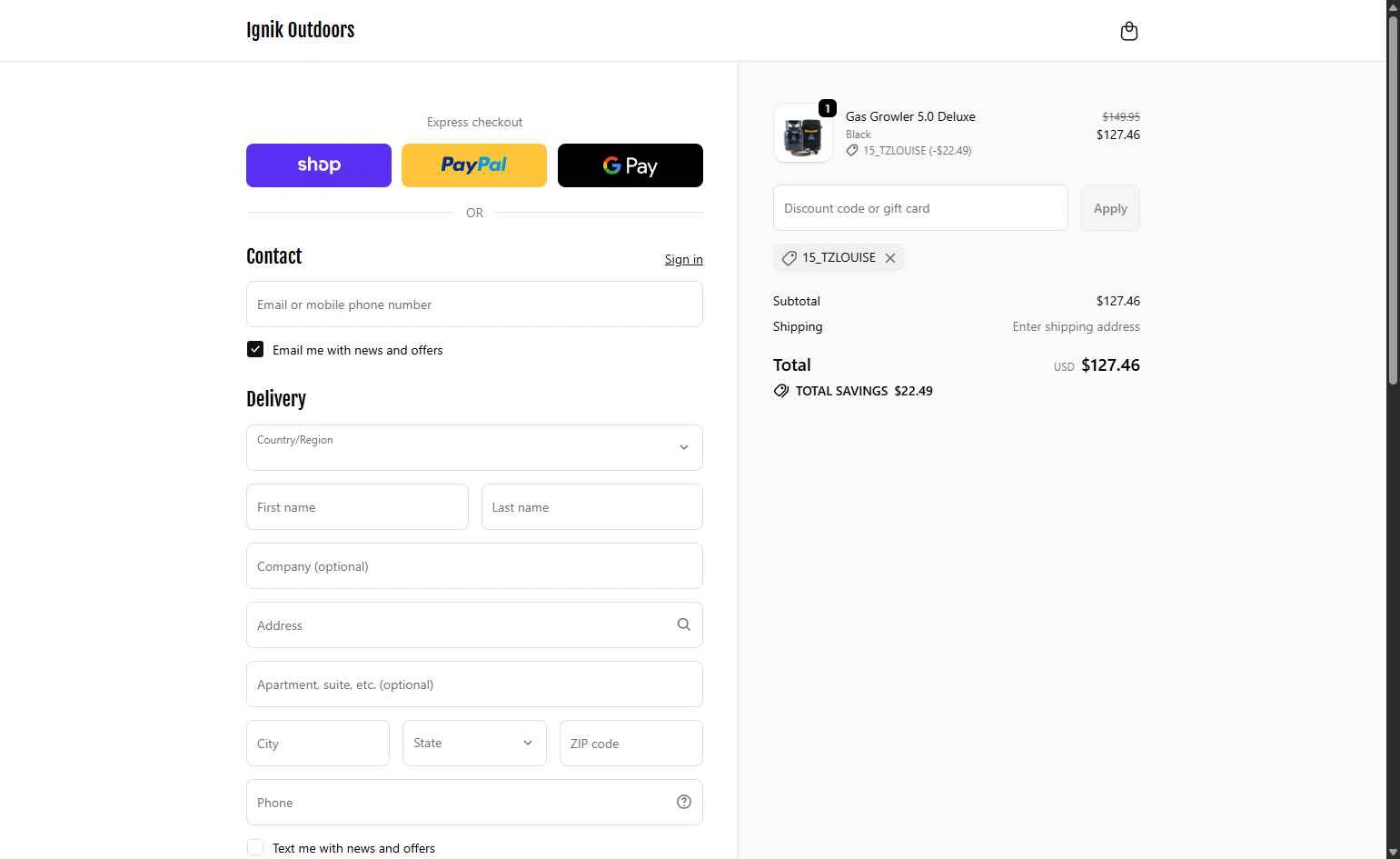 Ignik Outdoors checkout page showing Ignik Outdoors promo code box | Screenshot taken by SimplyCodes community member on Jan 2, 2026