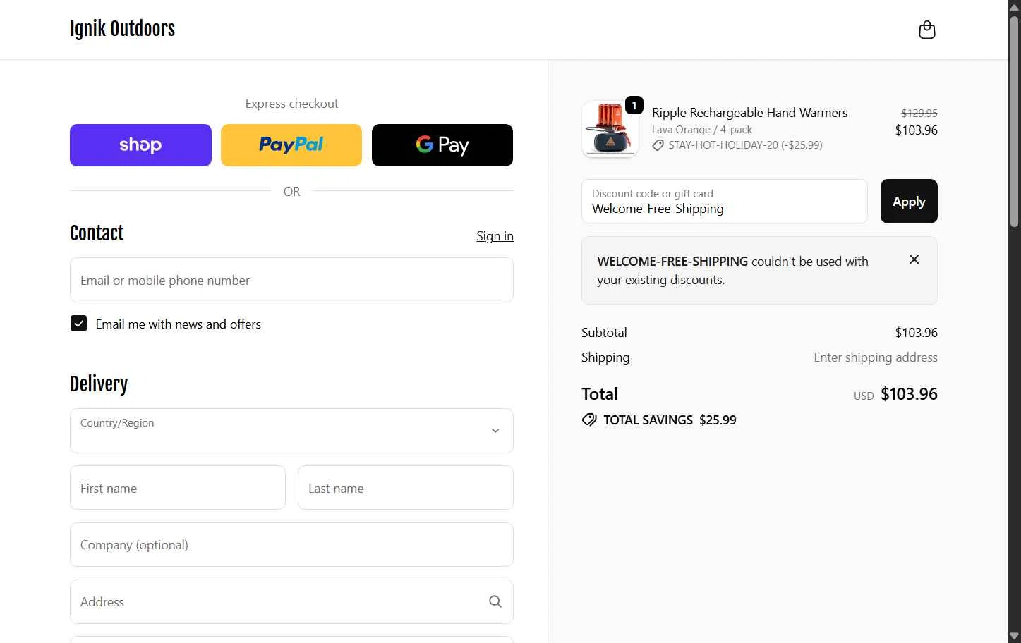 Ignik Outdoors checkout page showing Ignik Outdoors promo code box | Screenshot taken by SimplyCodes community member on Dec 3, 2025