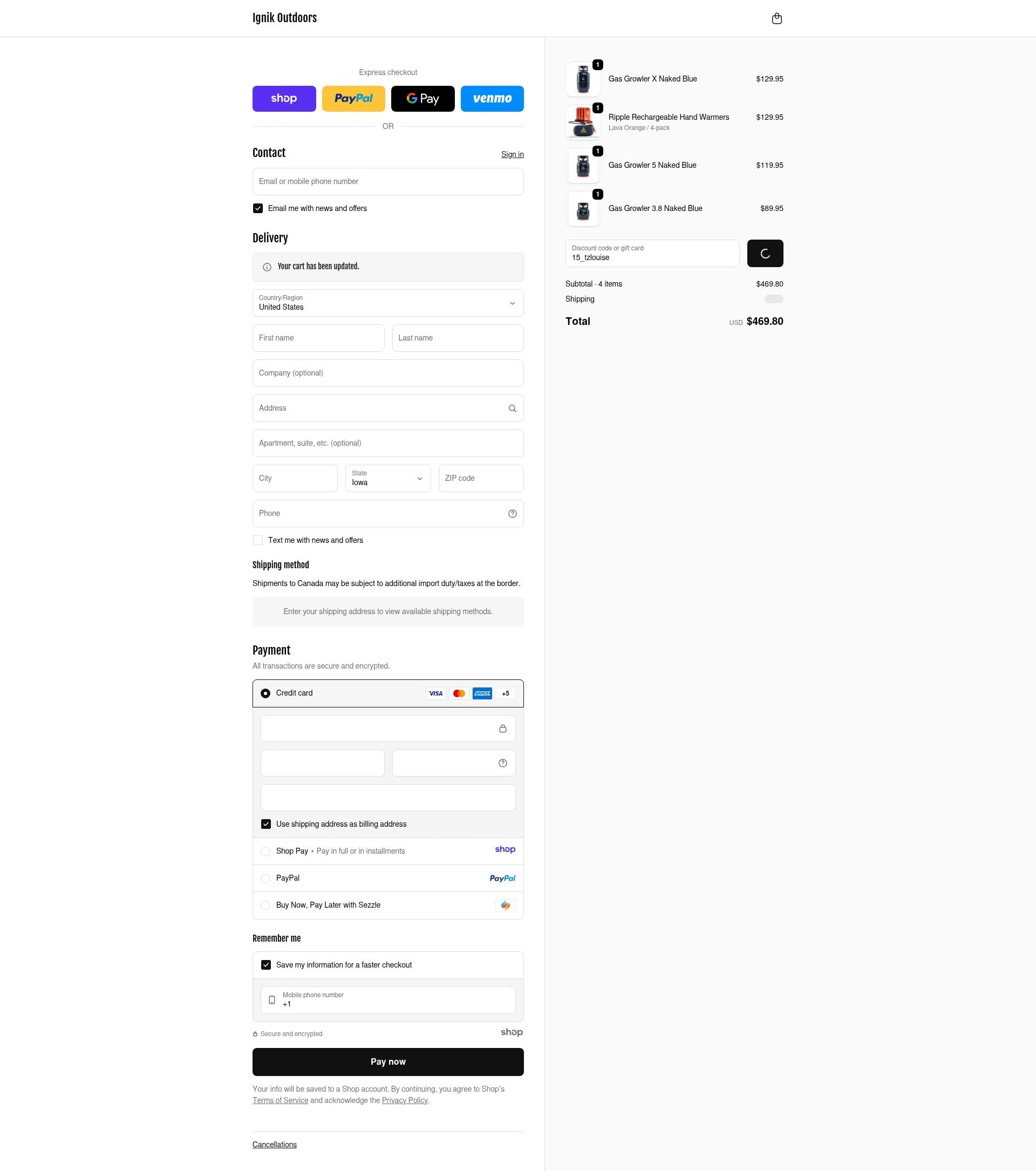 Ignik Outdoors checkout page showing Ignik Outdoors promo code box | Screenshot taken by SimplyCodes community member on Dec 25, 2025