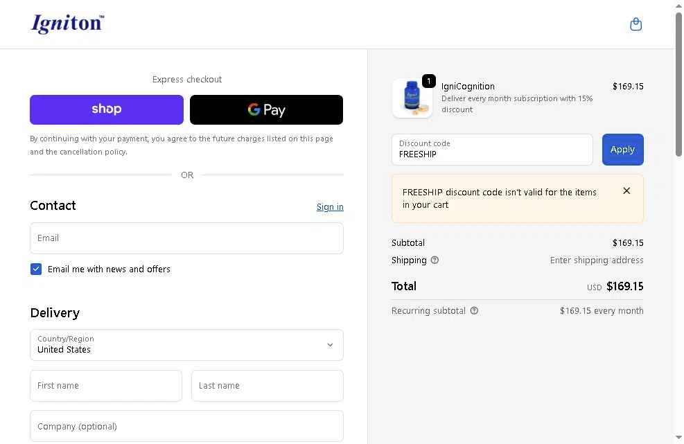 Igniton checkout page showing Igniton promo code box | Screenshot taken by SimplyCodes community member on Nov 21, 2025