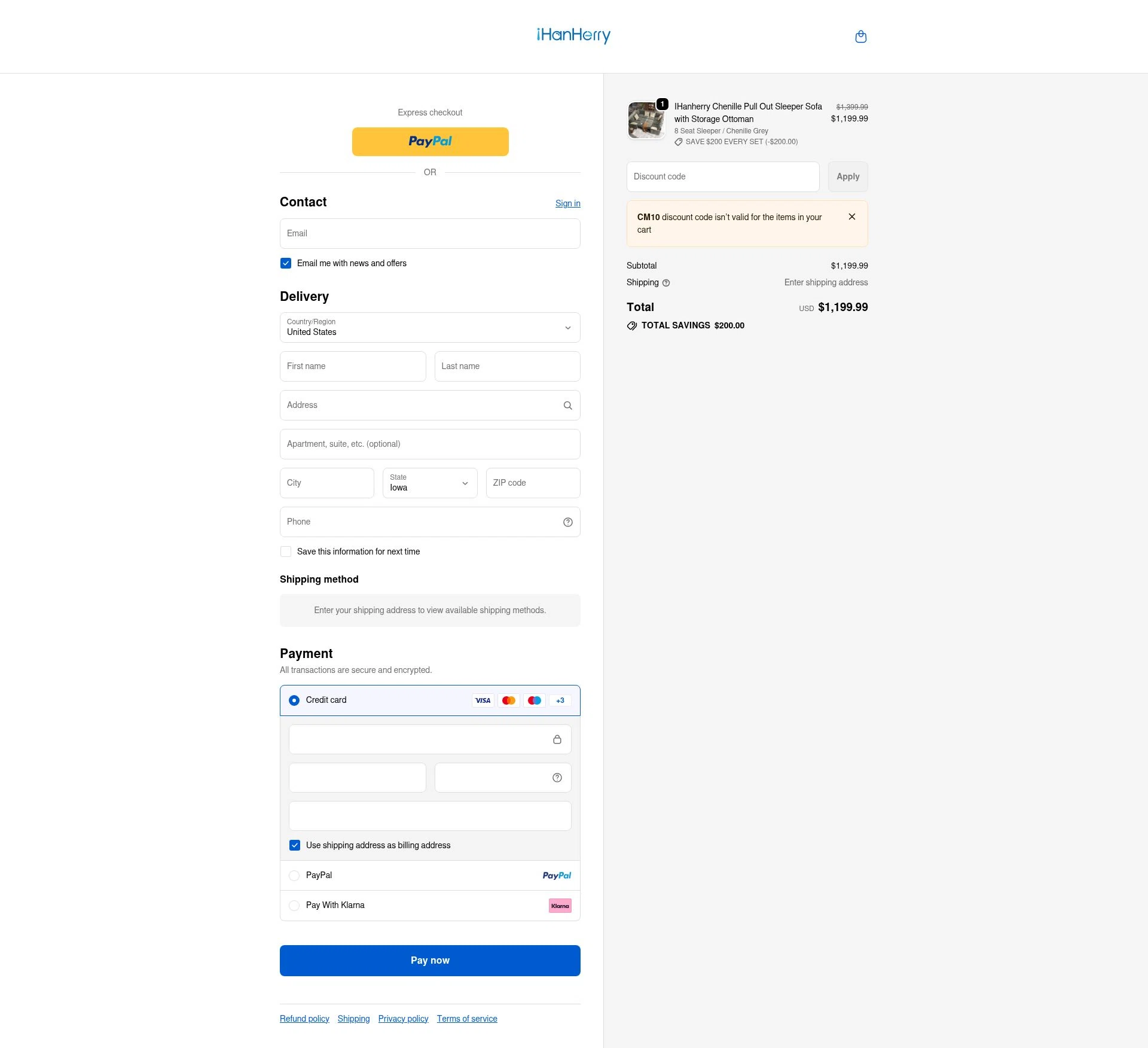 IHanherry checkout page showing IHanherry promo code box | Screenshot taken by SimplyCodes community member on Jan 26, 2026