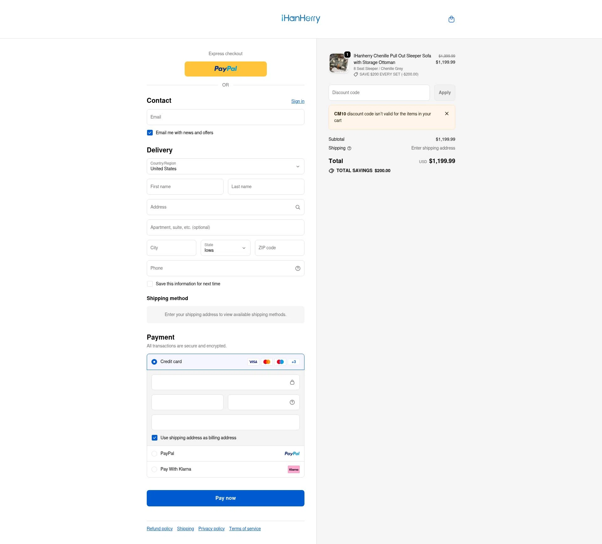 IHanherry checkout page showing IHanherry promo code box | Screenshot taken by SimplyCodes community member on Jan 31, 2026